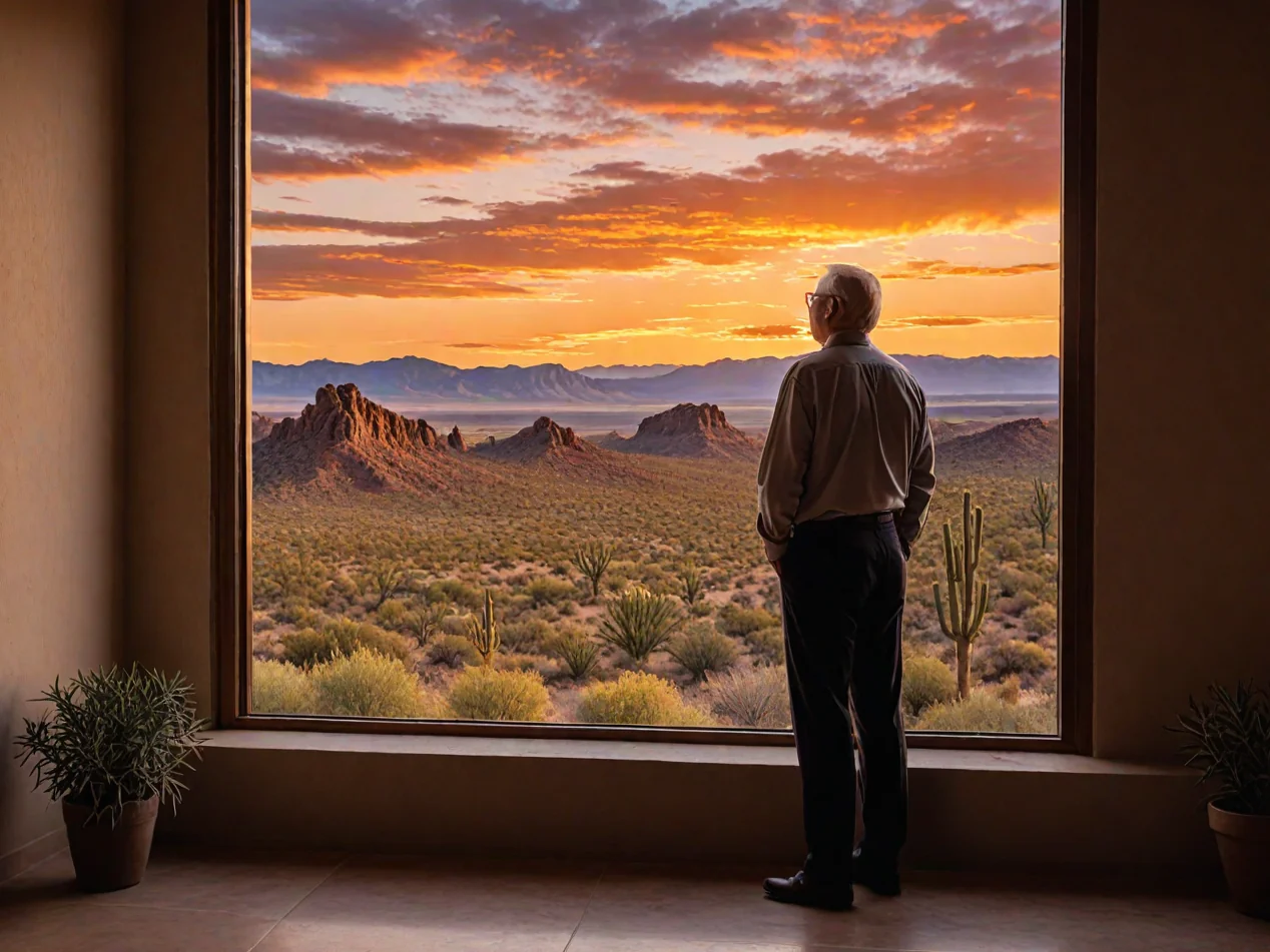 The author, Stephen E. Smith gazes through the expansive glass window, absorbing the sweeping, sun-scorched terrain of the Arizona desert.