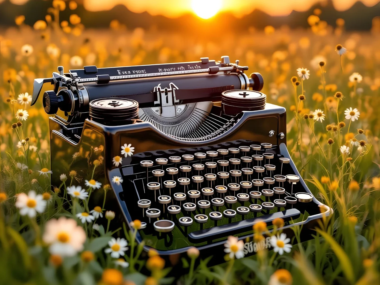 An image of an old time typewriter resting in a flower patch with the setting sun